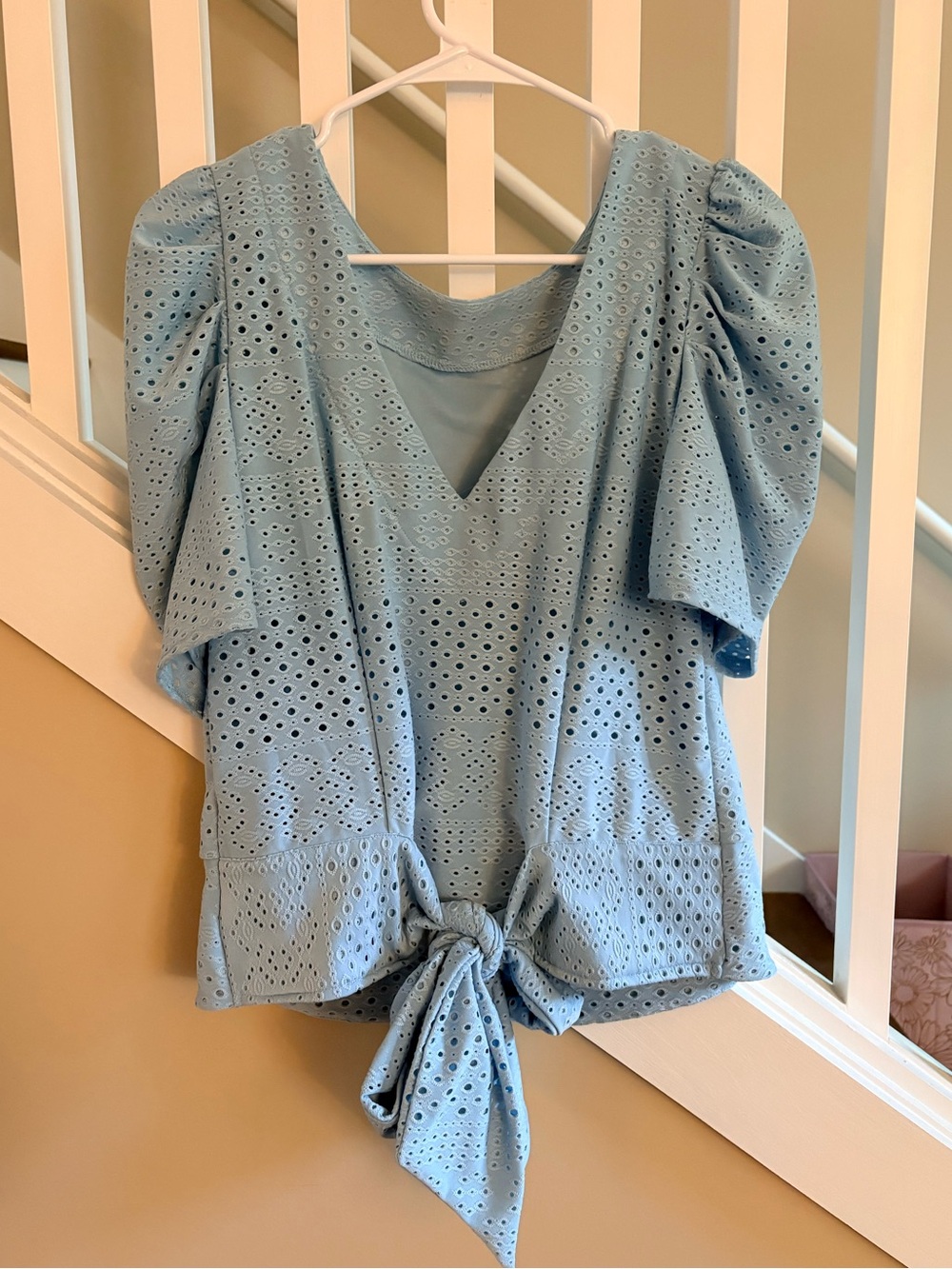 Light Blue Eyelet Tie-Front Women's Blouse